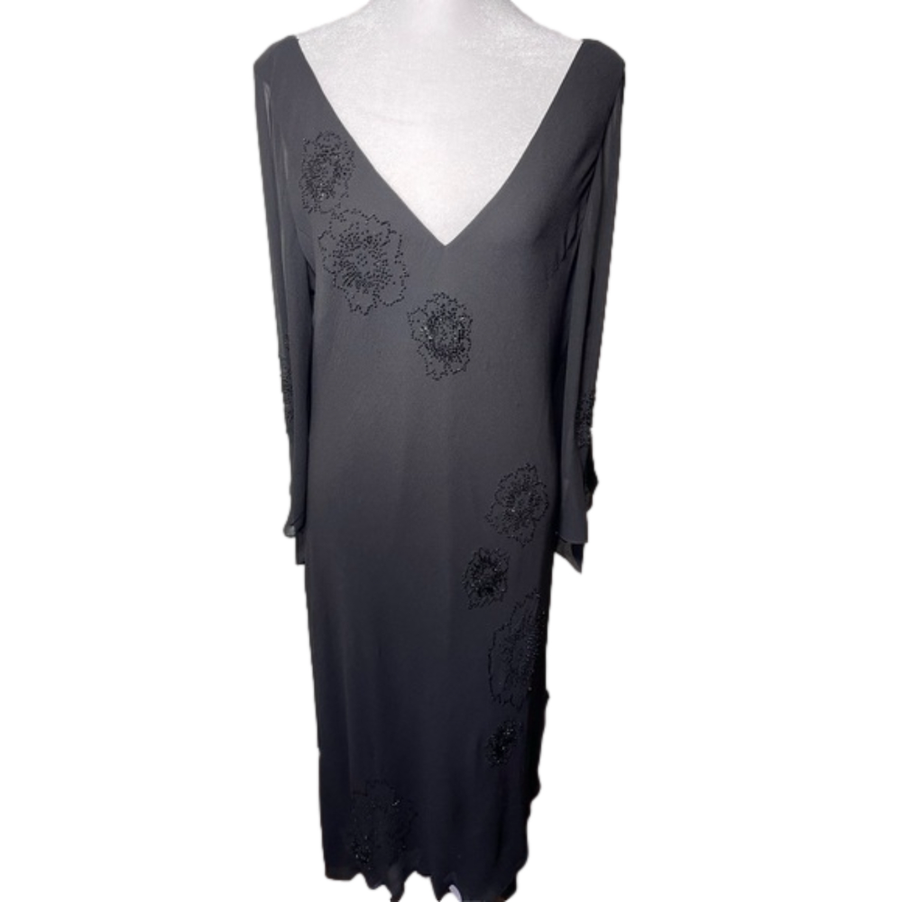 Jones New York Dress 100% Silk Chiffon Beaded V-Neck 3/4 Sleeves Asymmetric Hem